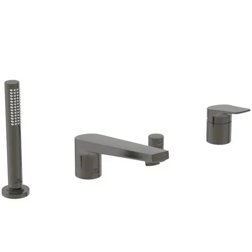 Badarmatur von Ideal Standard in Magnetic Grey, bestehend aus Wannenrandarmatur und Handbrause, mit verschiedenen Bedienelementen.
